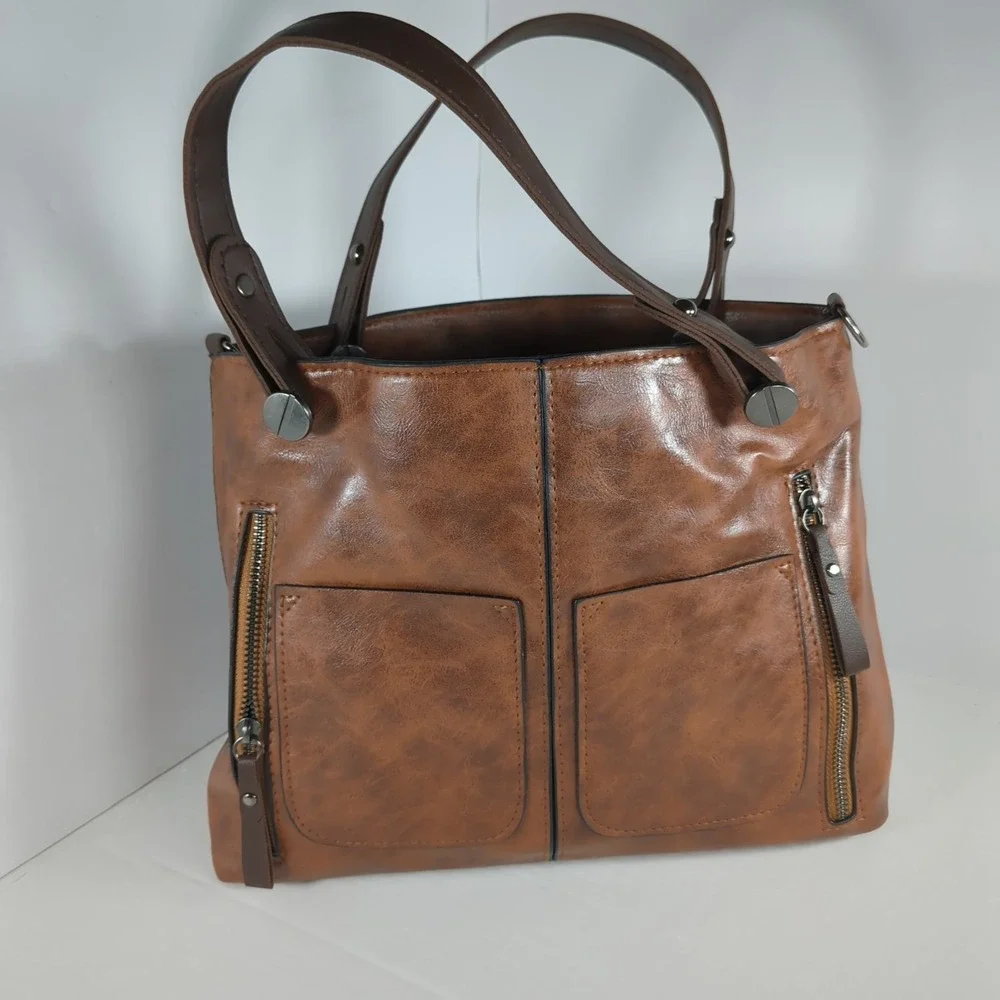 Brown Soft Vegan Leather‎ Satchel Handbag Multi-Pocket Organizer Purse  NEW